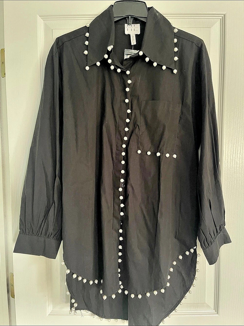 Anthropologie Hannah Lynn 44Pearl-Trim Button Down in Black Size Medium NWT
